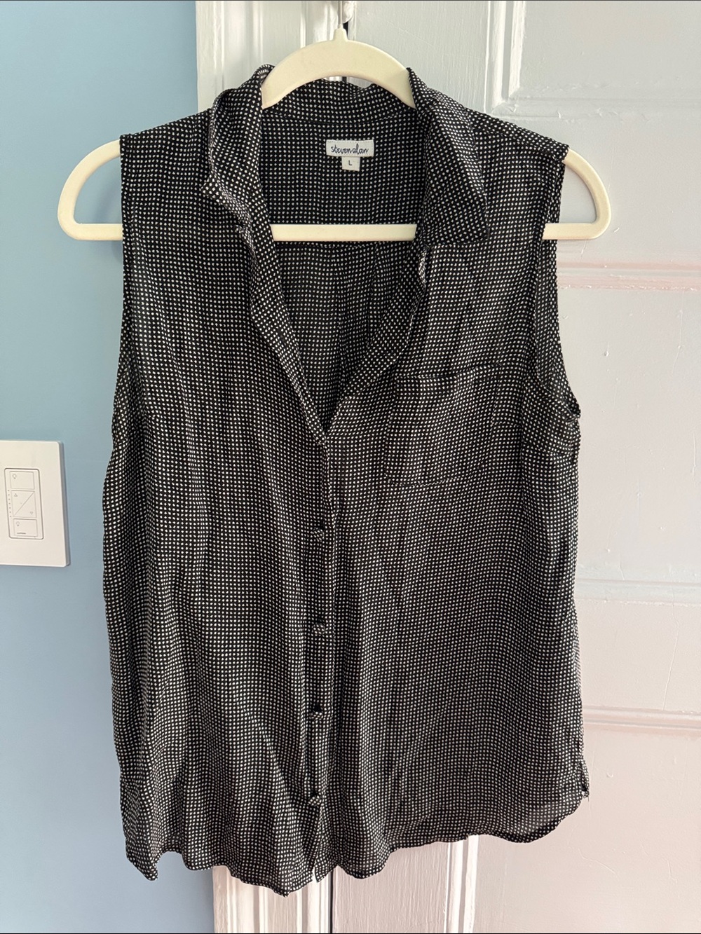 Steven Alan Black Top with White Micro-Dot Print